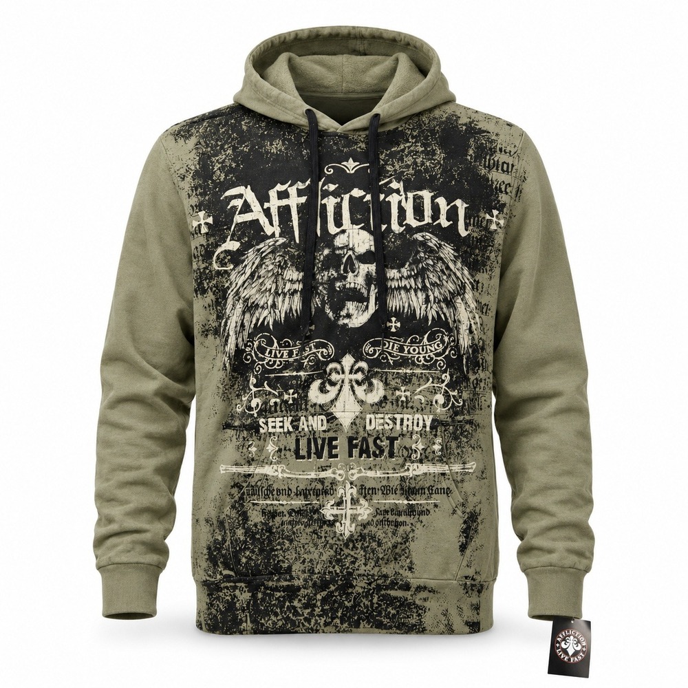 Affliction Oracle PO Hood Men M Olive Green Skull Wing Graphic Hoodie A30777 NWT